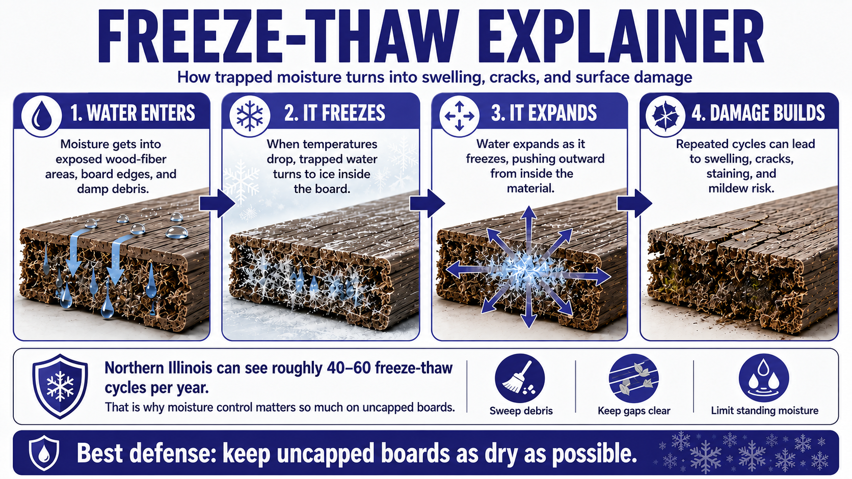 Freeze-thaw damage diagram showing water entering a deck board, freezing, expanding, and causing swelling, cracks, and staining.