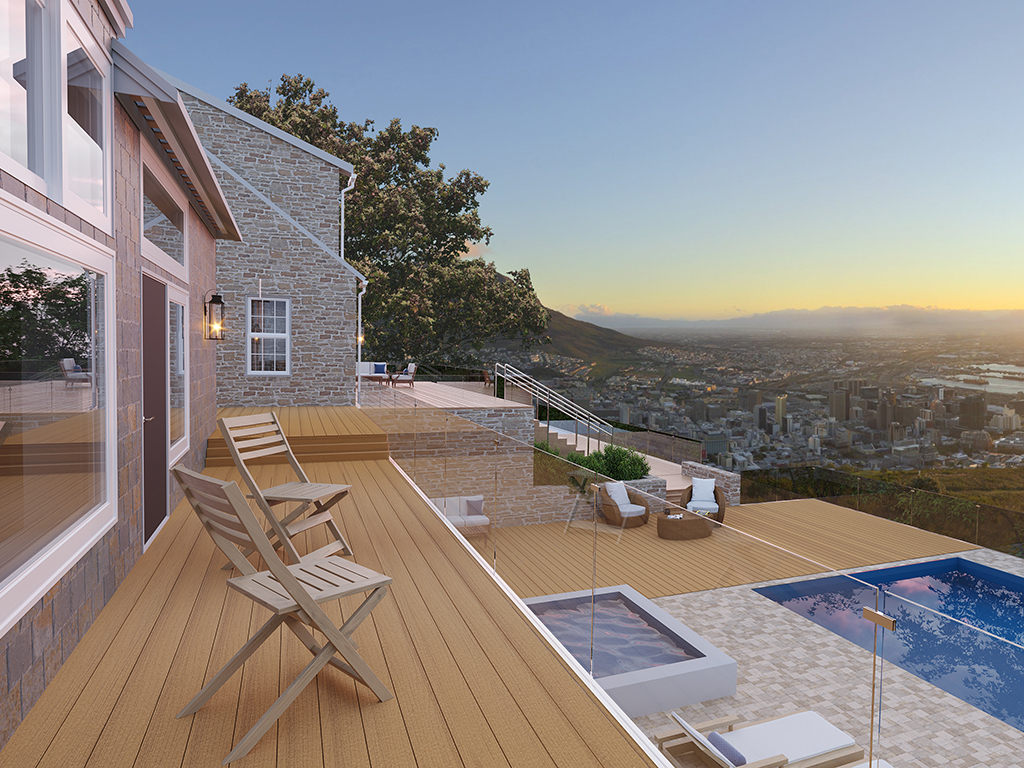MoistureShield Meridian Shoreside composite deck patio overlooking pool and city skyline at sunset