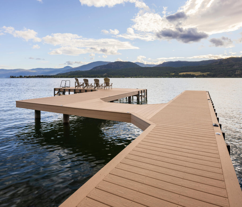 MoistureShield Vantage Bridle uncapped composite dock overlooking lake and mountains