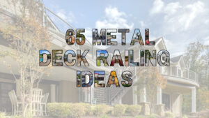 65 metal deck railing ideas title graphic with photo-filled lettering over a white home's curved deck and mesh railing.