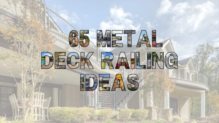 65 metal deck railing ideas title graphic with photo-filled lettering over a white home's curved deck and mesh railing.