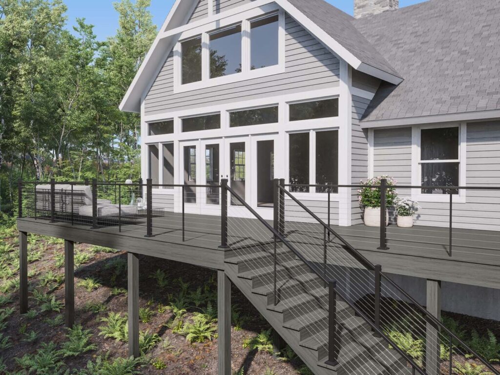 Textured black Deckorators Contemporary Cable railing on a Voyage Sierra composite deck and stair run.