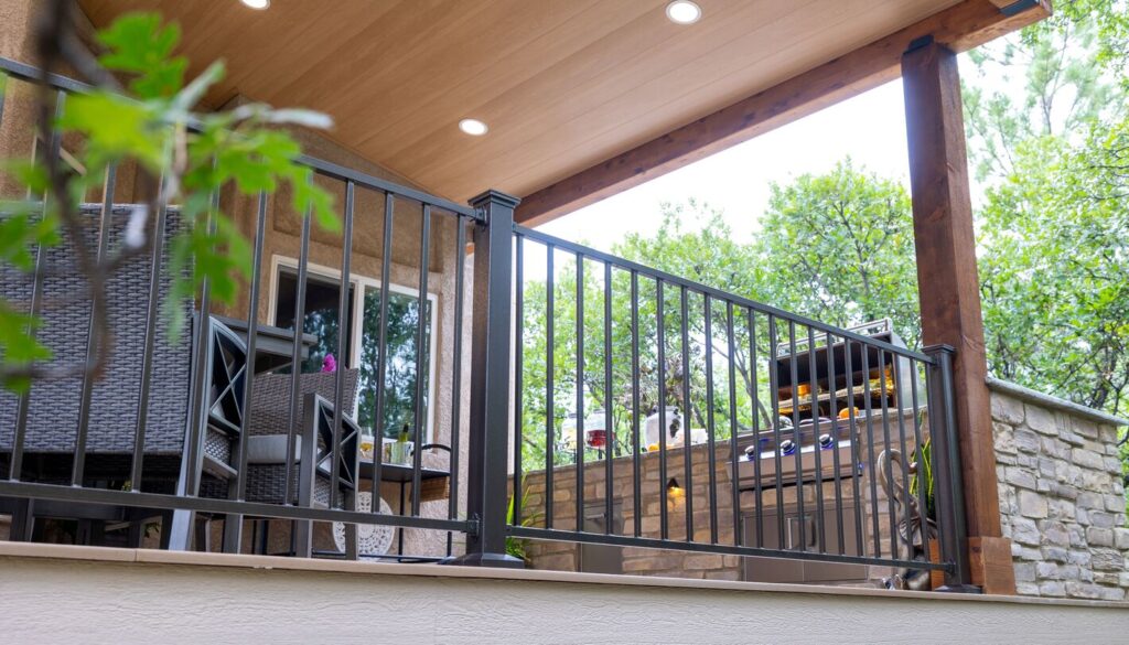 Dark bronze Envision Fairway modern steel railing on a covered patio beside an outdoor kitchen and stone wall, metal deck railing ideas for shaded decks.