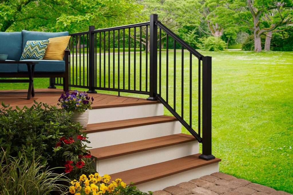 Black Fiberon CitySide aluminum railing with horizontal bars on a gray composite upper deck.