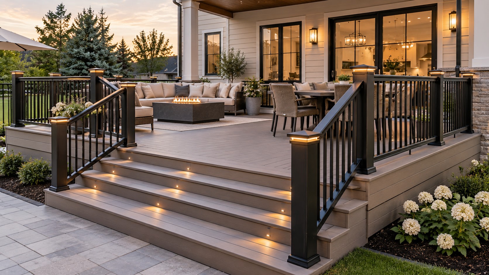 Composite deck stairs with deck boards, fascia and railing