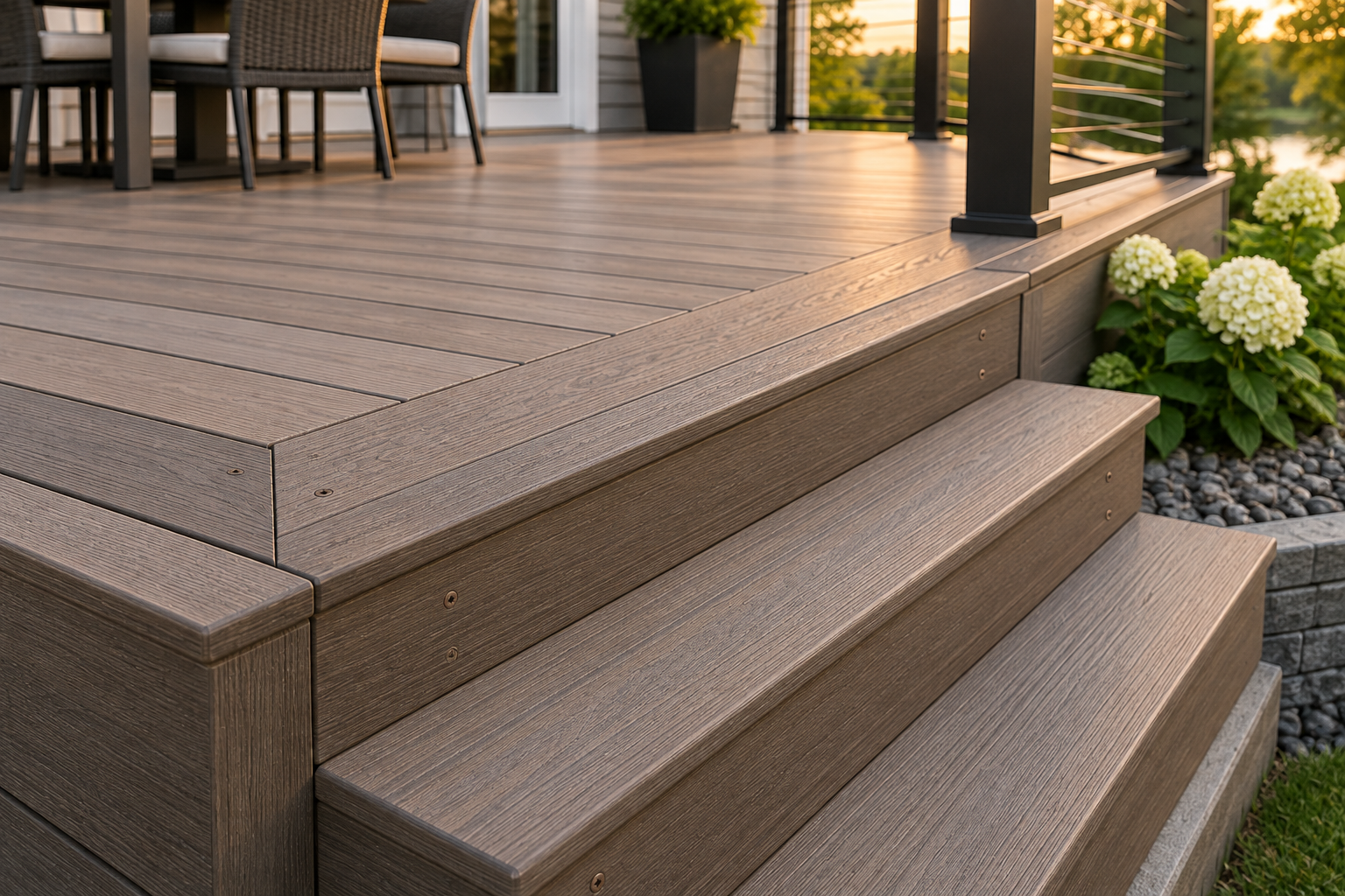 Composite deck picture-frame border and stairs with finished fastening details