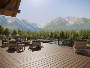Deck board spacing on a finished composite deck with a picture-frame border.