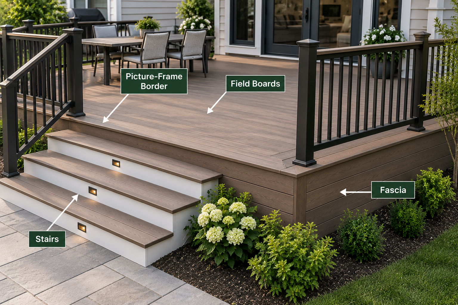 Composite deck showing stairs fascia field boards and picture-frame border