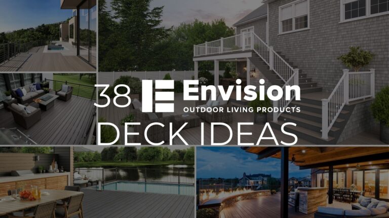 Envision deck ideas featuring modern composite decking, outdoor seating, contrasting railing, and a stylish backyard living space.