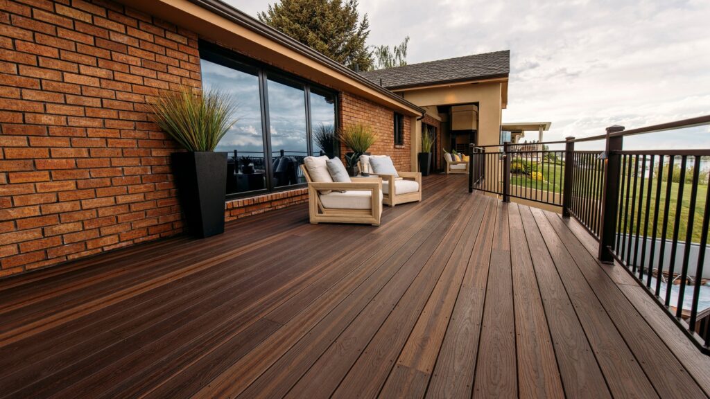 Envision Distinction Rustic Walnut deck with black railing, light lounge chairs, tall planters, and brick exterior.