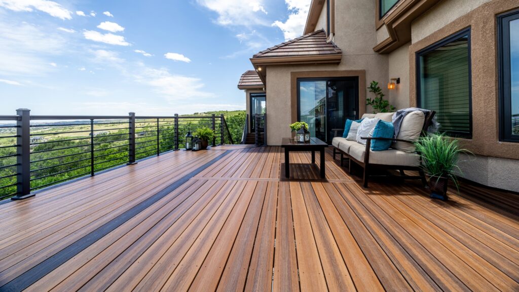 Envision deck ideas featuring Distinction Spiced Teak decking with dark accent boards, horizontal railing, and outdoor lounge seating.