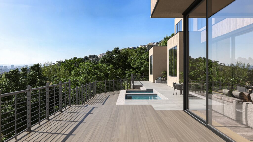 Envision Ridge Premium Silver Drift deck with geometric pool, horizontal metal railing, glass walls, and hillside city views.