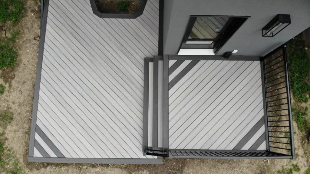 Fiberon deck ideas featuring Sanctuary Chai and Earl Grey decking in a two-tone diagonal layout with dark borders.