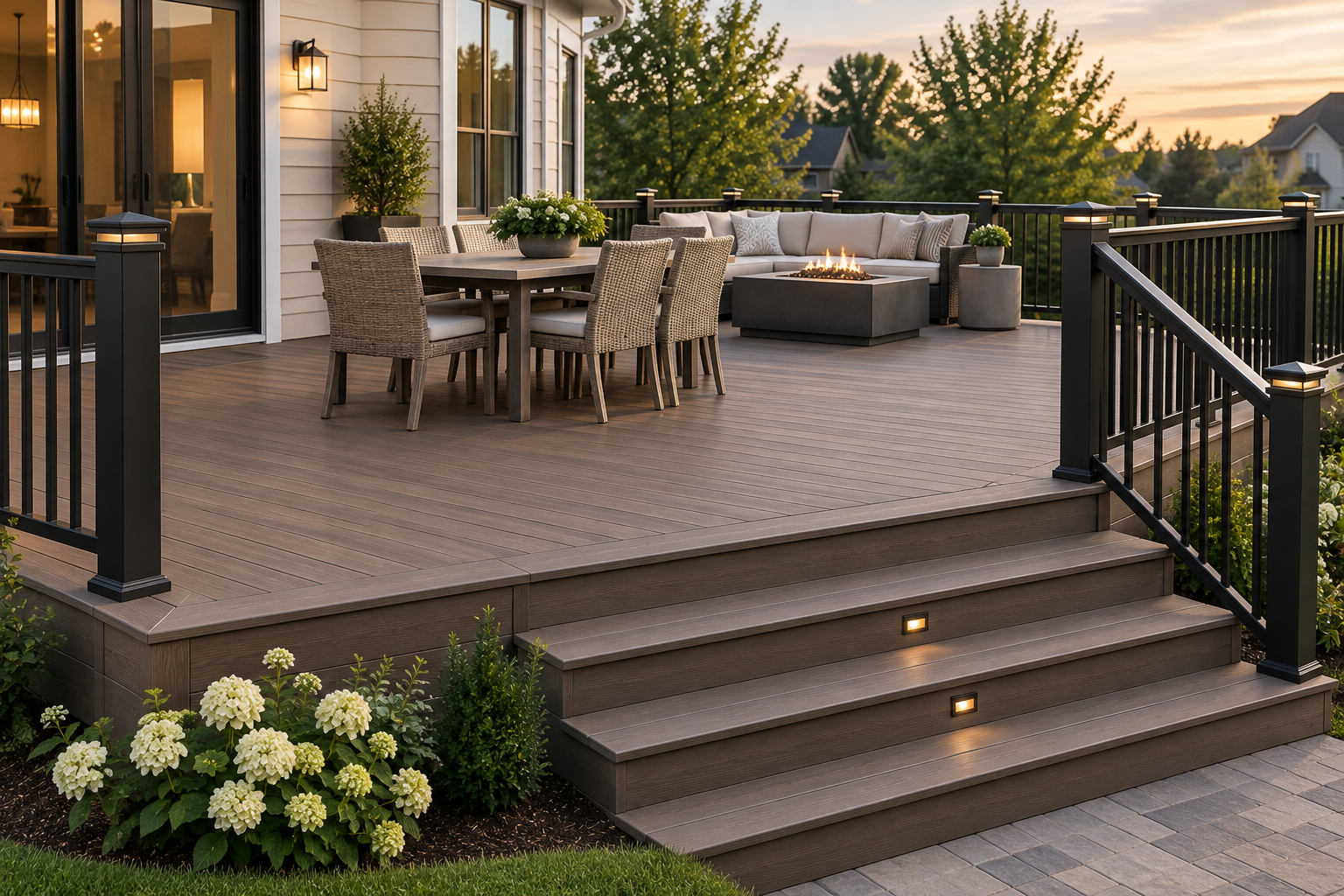 Finished composite deck with railing stairs and outdoor living area