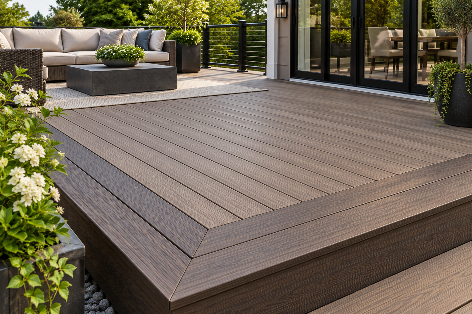 Composite deck with square-edge picture-frame border around the main deck boards