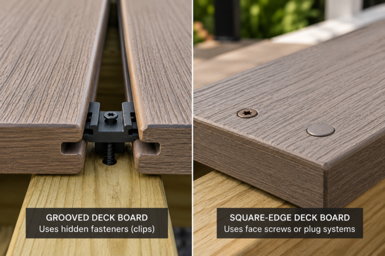 Grooved deck boards with hidden fasteners compared with square-edge boards using face fasteners