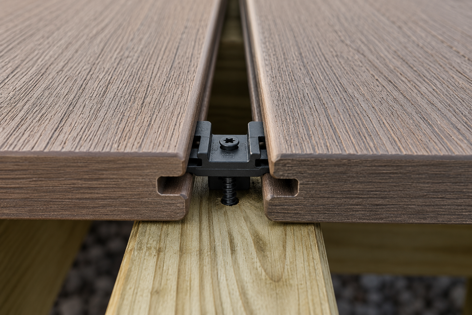 Hidden deck fastener securing two grooved composite deck boards