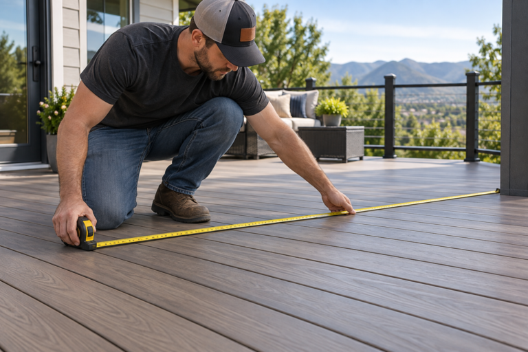Homeowner using a tape measure to measure a composite deck
