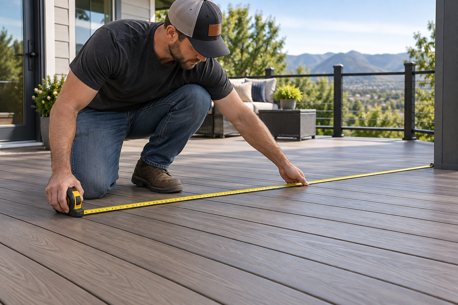 Homeowner using a tape measure to measure a composite deck