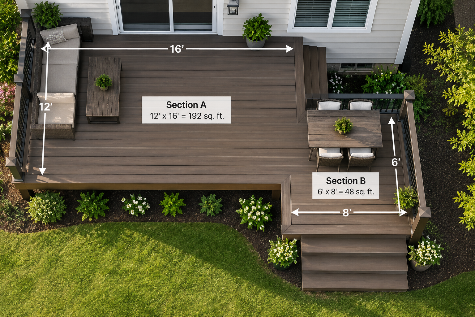 L-shaped deck divided into sections to calculate square footage