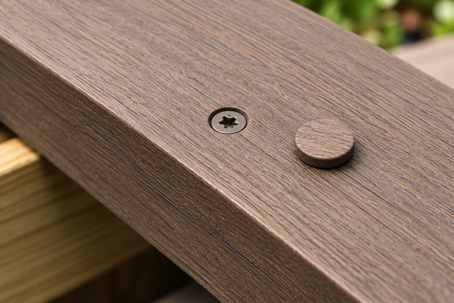 Square-edge composite deck board with screw and matching plug fastener