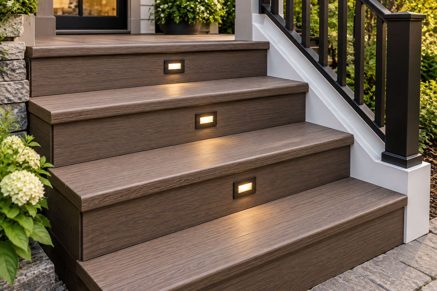 omposite deck stairs finished with square-edge deck boards