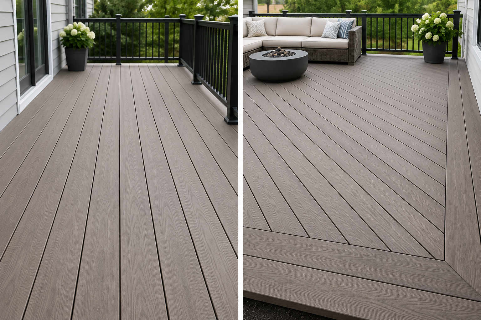 Straight and diagonal composite deck board layouts compared