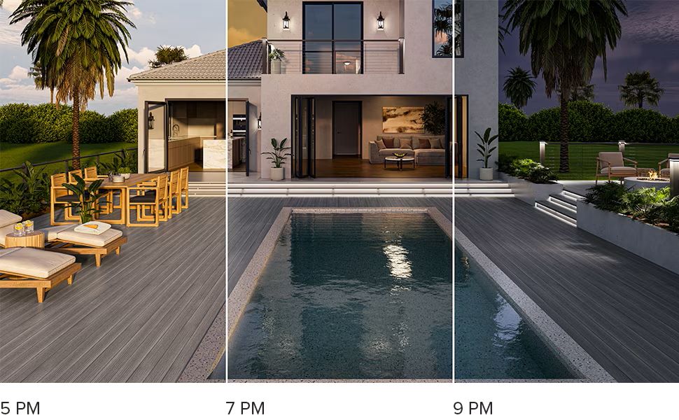 New Trex outdoor lighting shown from daylight to dusk and night on a modern pool deck.