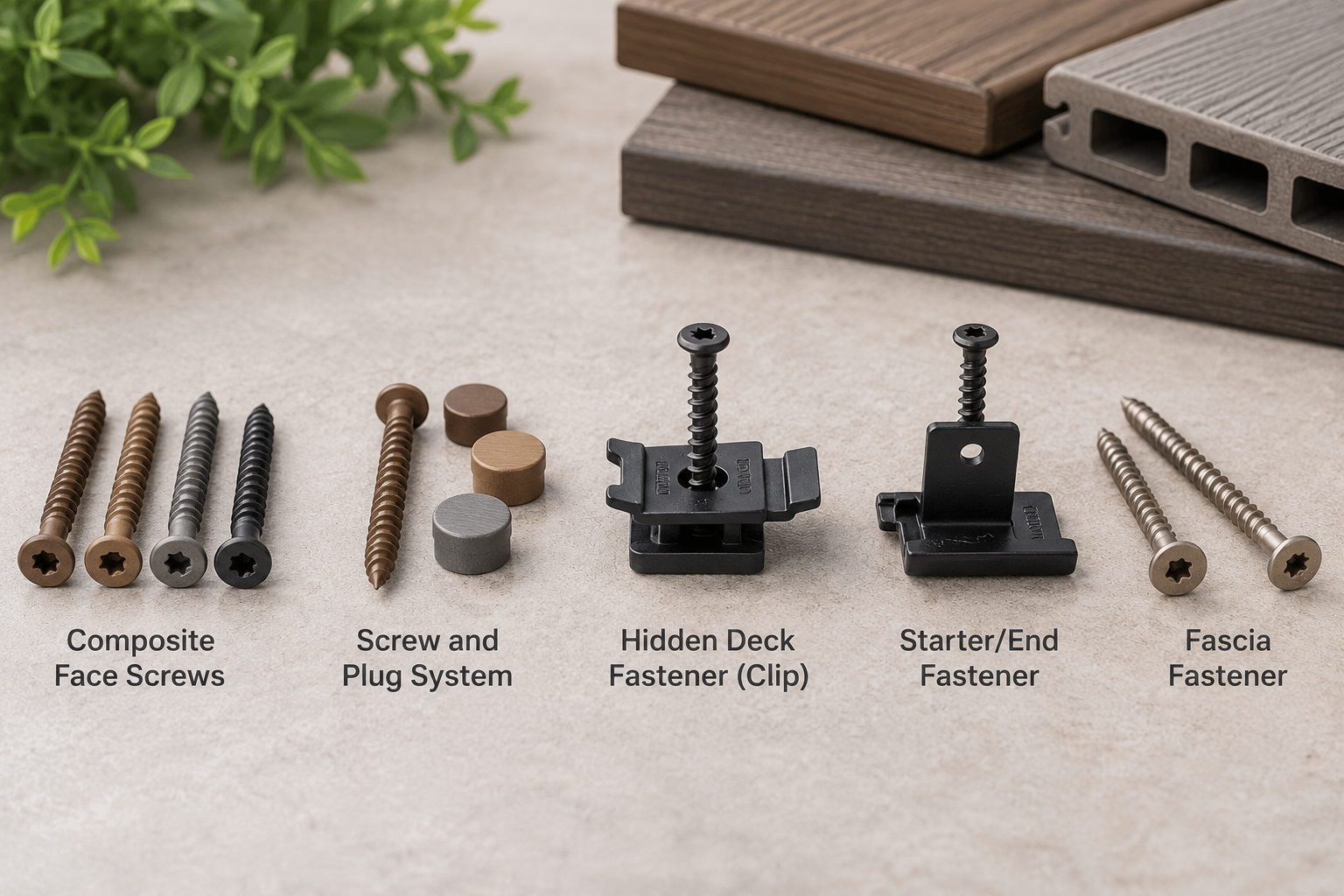 Types of composite decking fasteners including screws, plugs, and hidden clips
