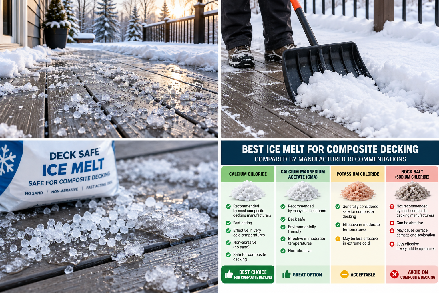 Best ice melt for composite decking compared with calcium chloride, CMA, potassium chloride and rock salt.