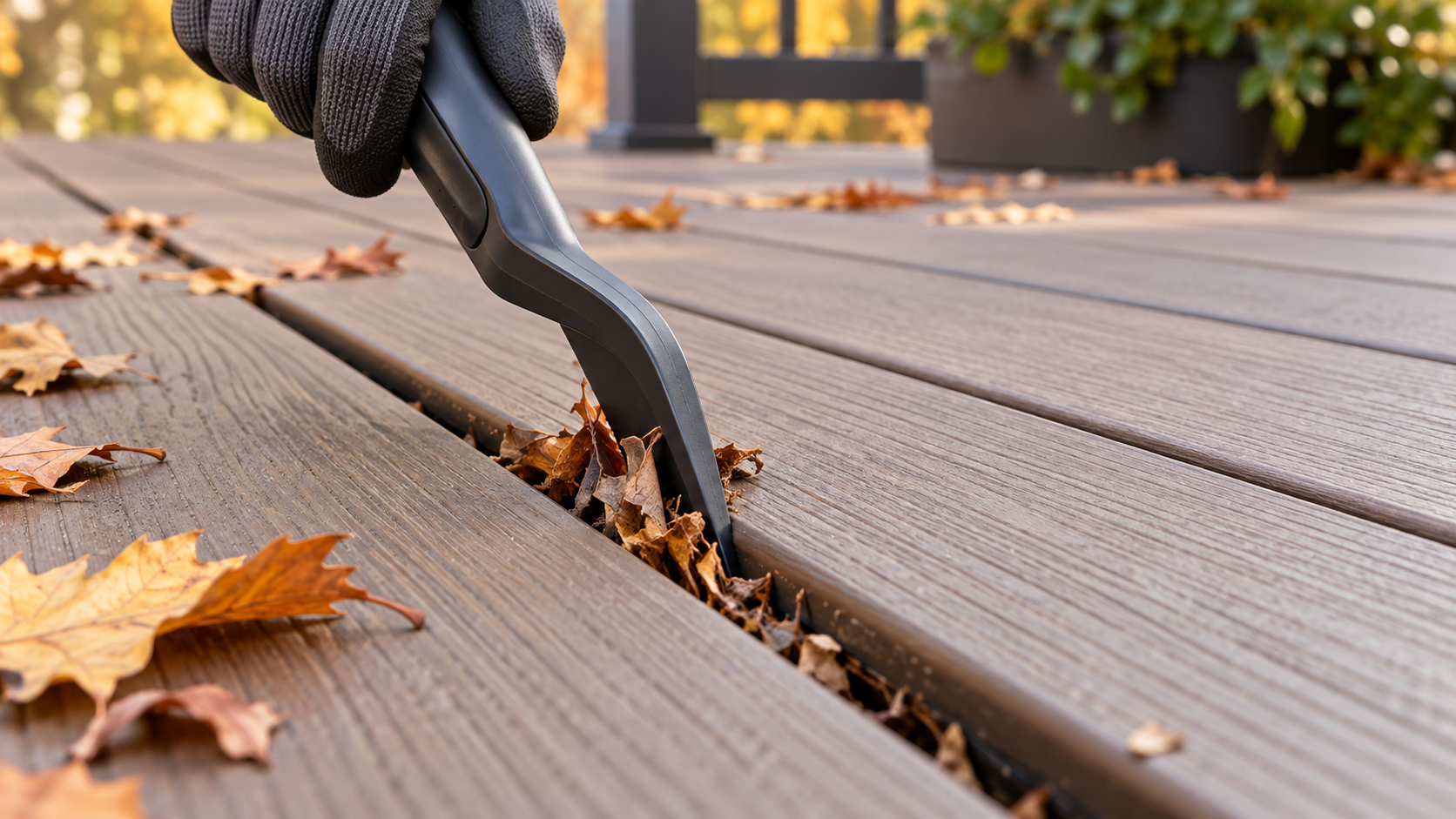 Clearing leaves and debris from deck board gaps before winter.
