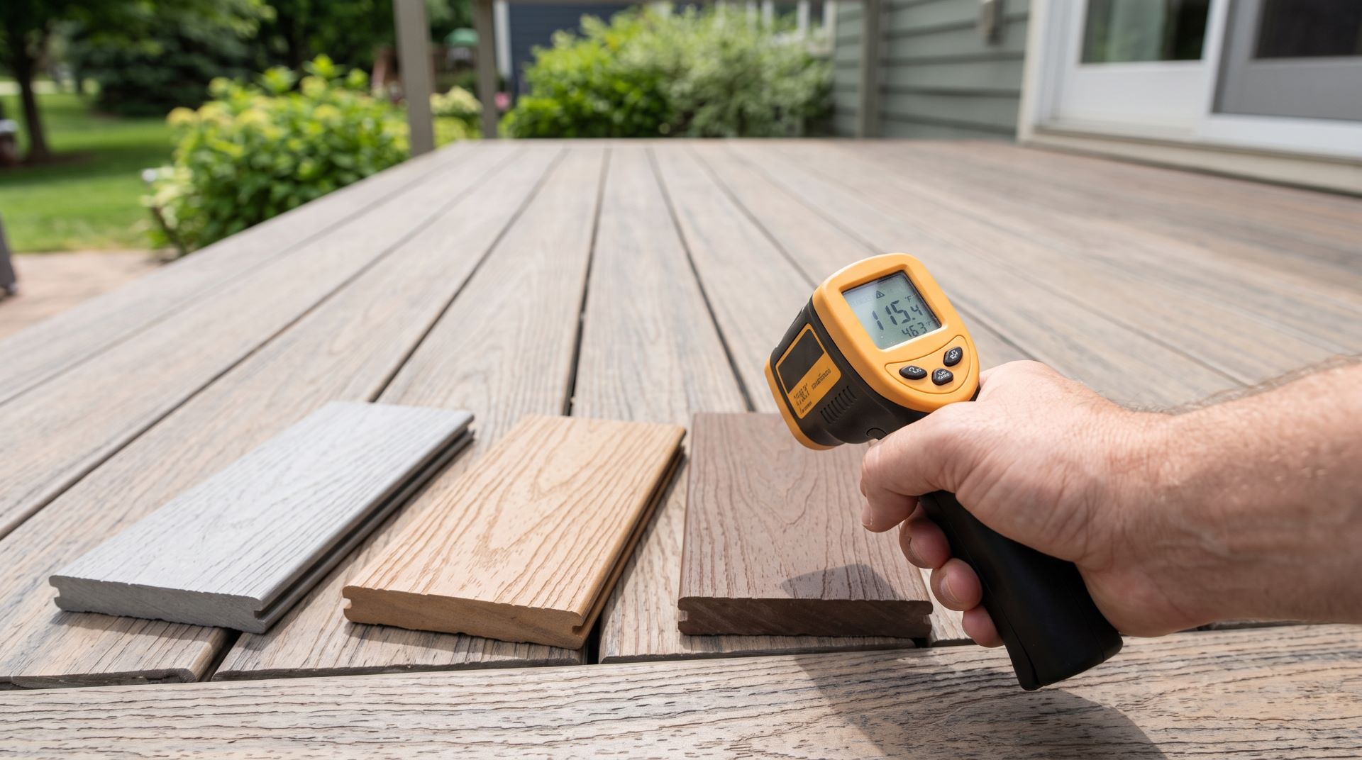 Comparing composite and PVC decking sample surface temperatures with an infrared thermometer.