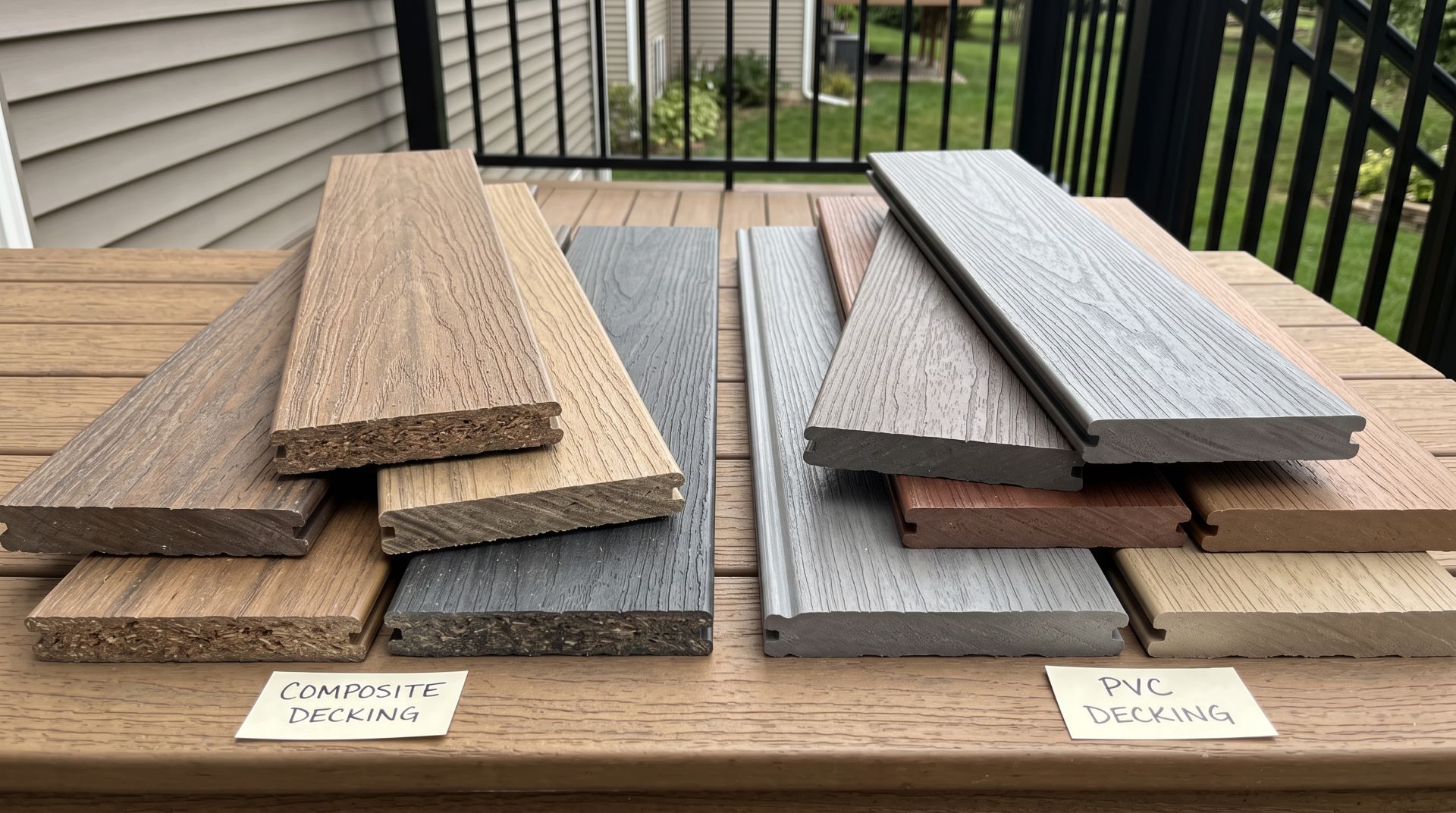 Composite decking samples and PVC decking samples showing different colors textures and board finishes.