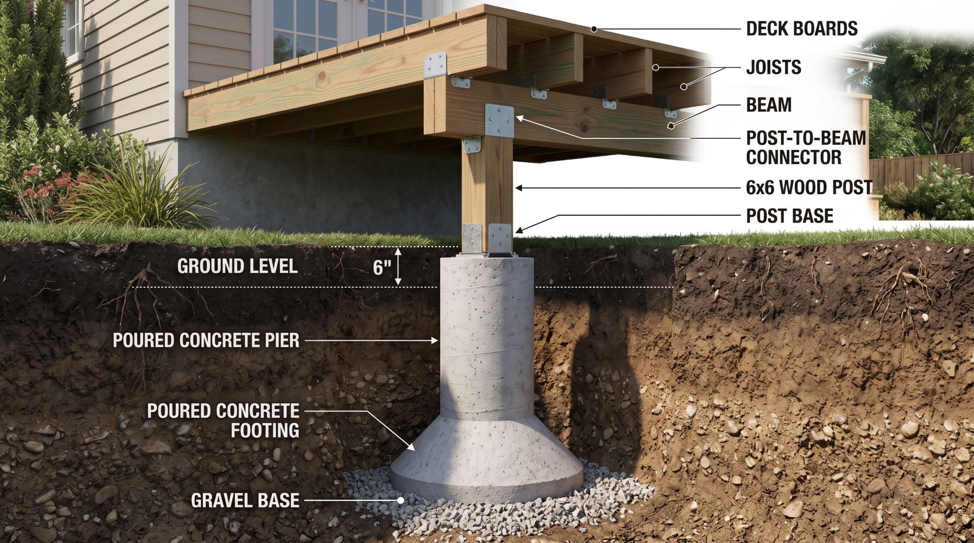 Concrete deck footing and pier installed below grade.