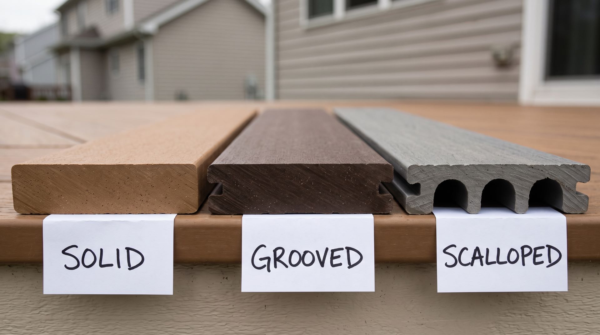 Decking sample profiles showing solid scalloped and grooved deck board edge designs.
