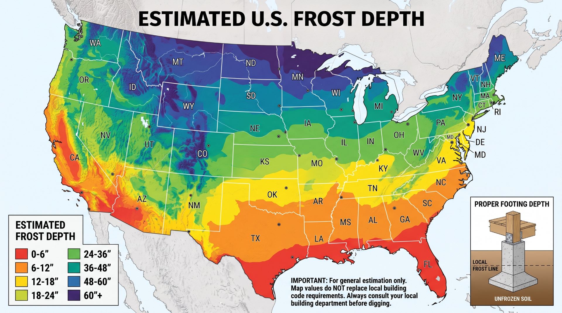 Frost depth map for estimating deck footing depth across the United States.