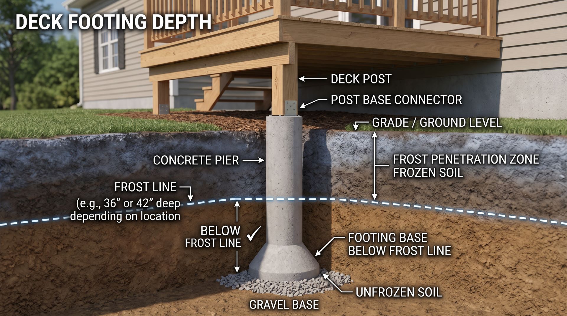 Deck footing depth extending below the soil frost line.