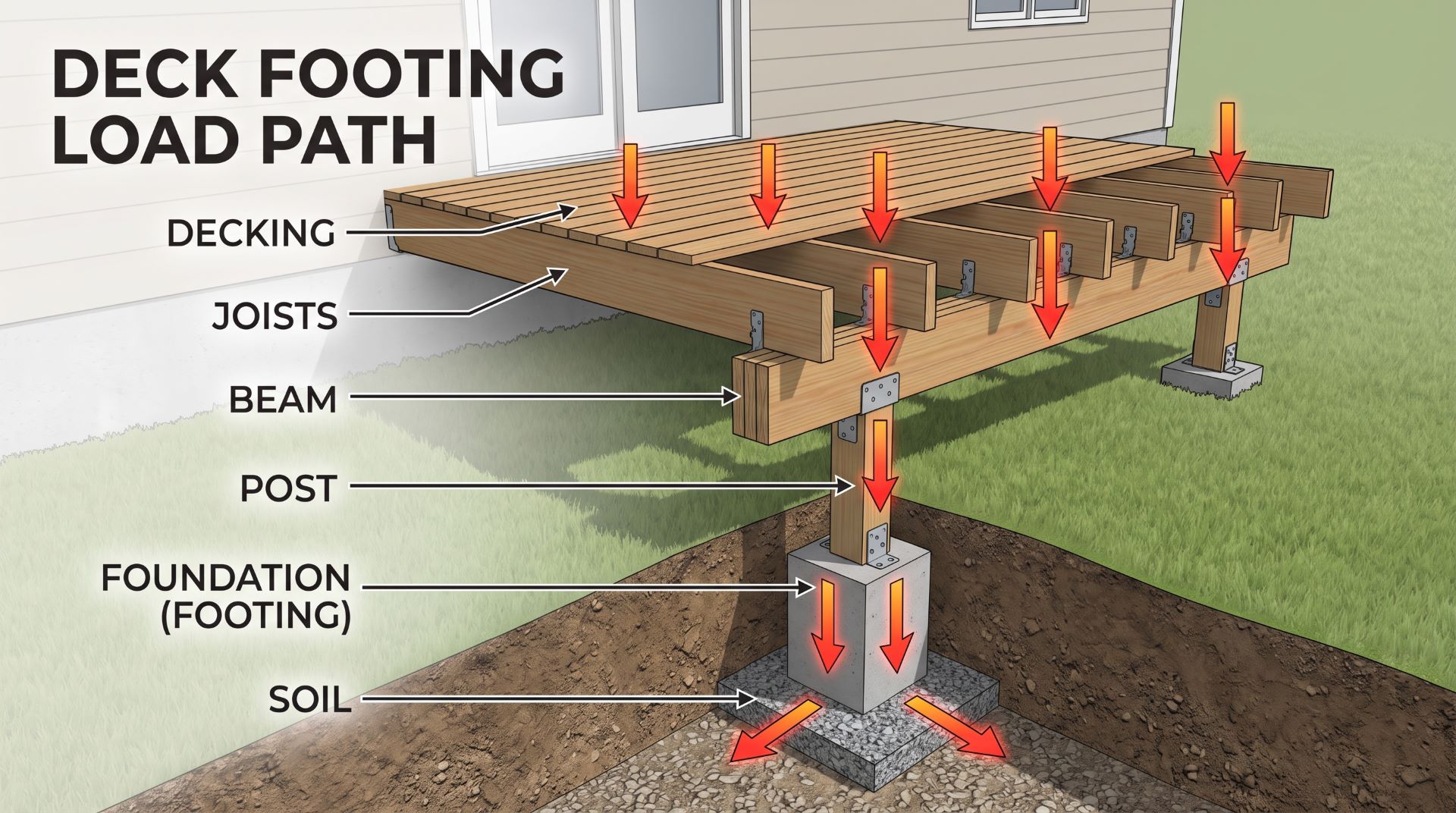 Deck footing load path from decking joists beams and posts into soil.