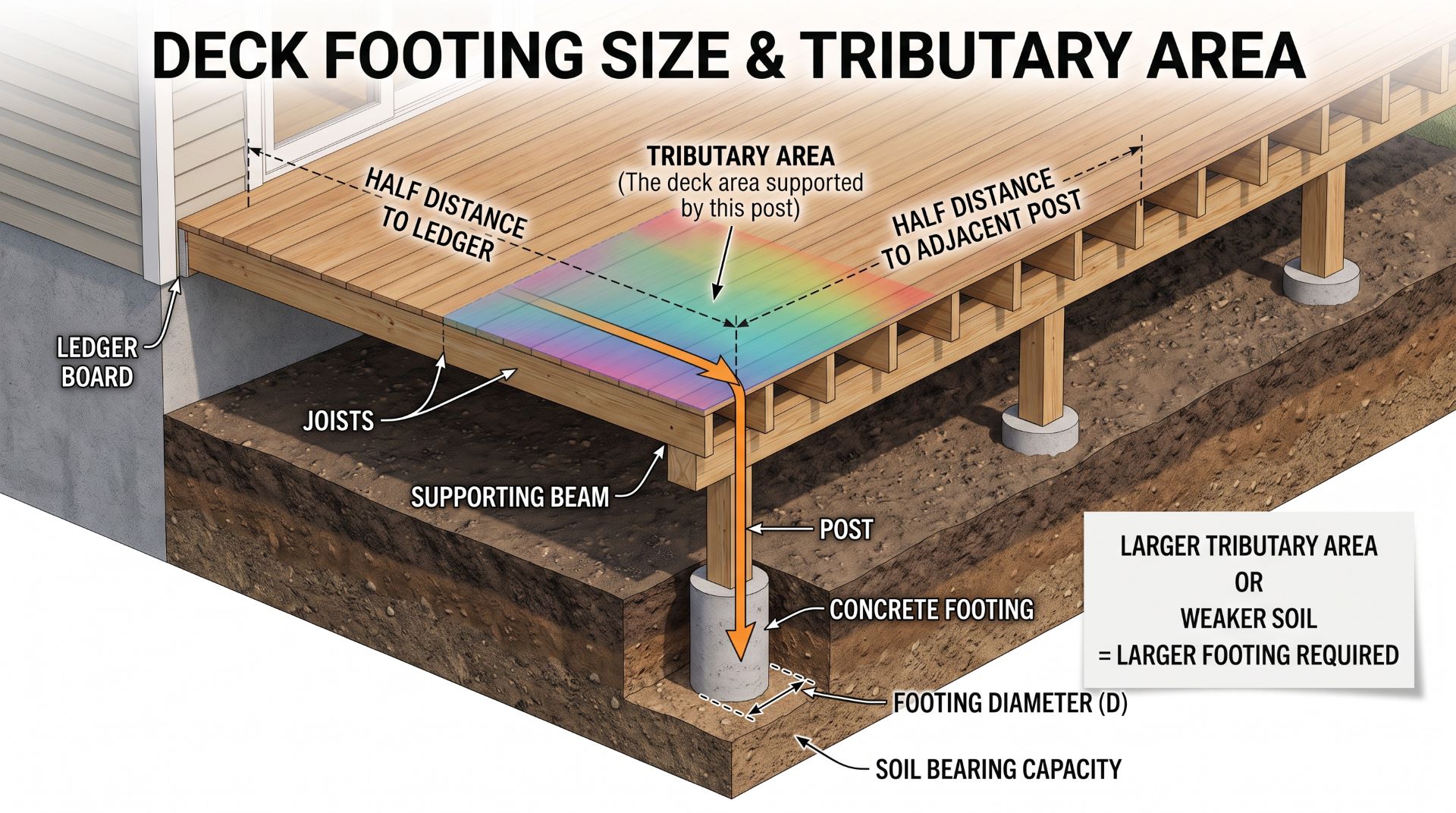 Deck footing size based on tributary area and soil bearing capacity.