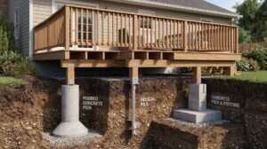 Deck footings and foundation options supporting a residential deck.