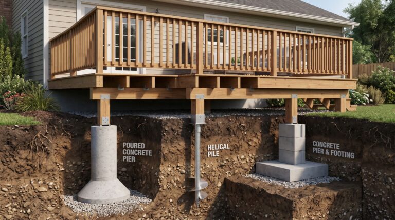 Deck footings and foundation options supporting a residential deck.