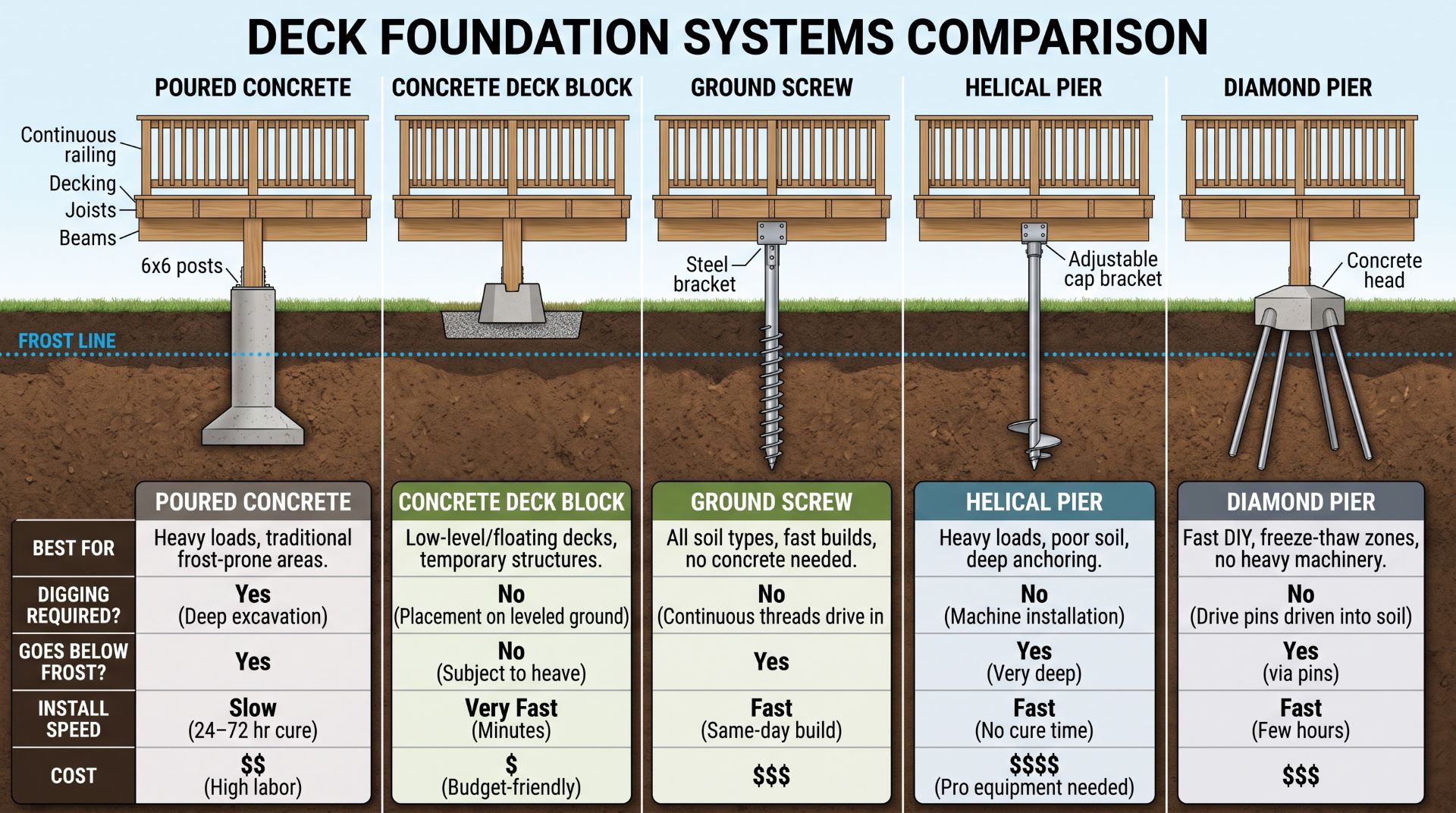 Deck foundation comparison for concrete footings deck blocks ground screws helical piers and Diamond Pier.