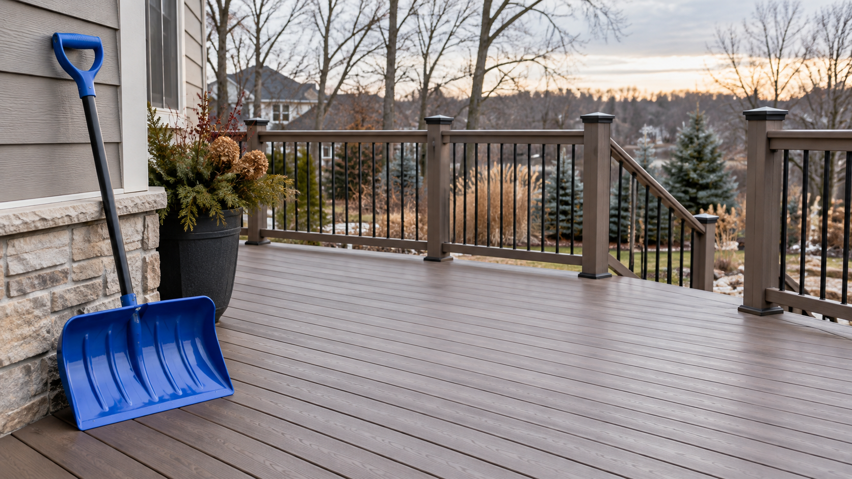 Plastic snow shovel ready for safe winter deck maintenance