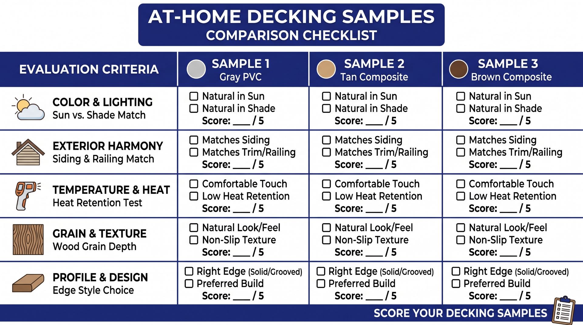 Decking sample profiles showing solid scalloped and grooved deck board edge designs.