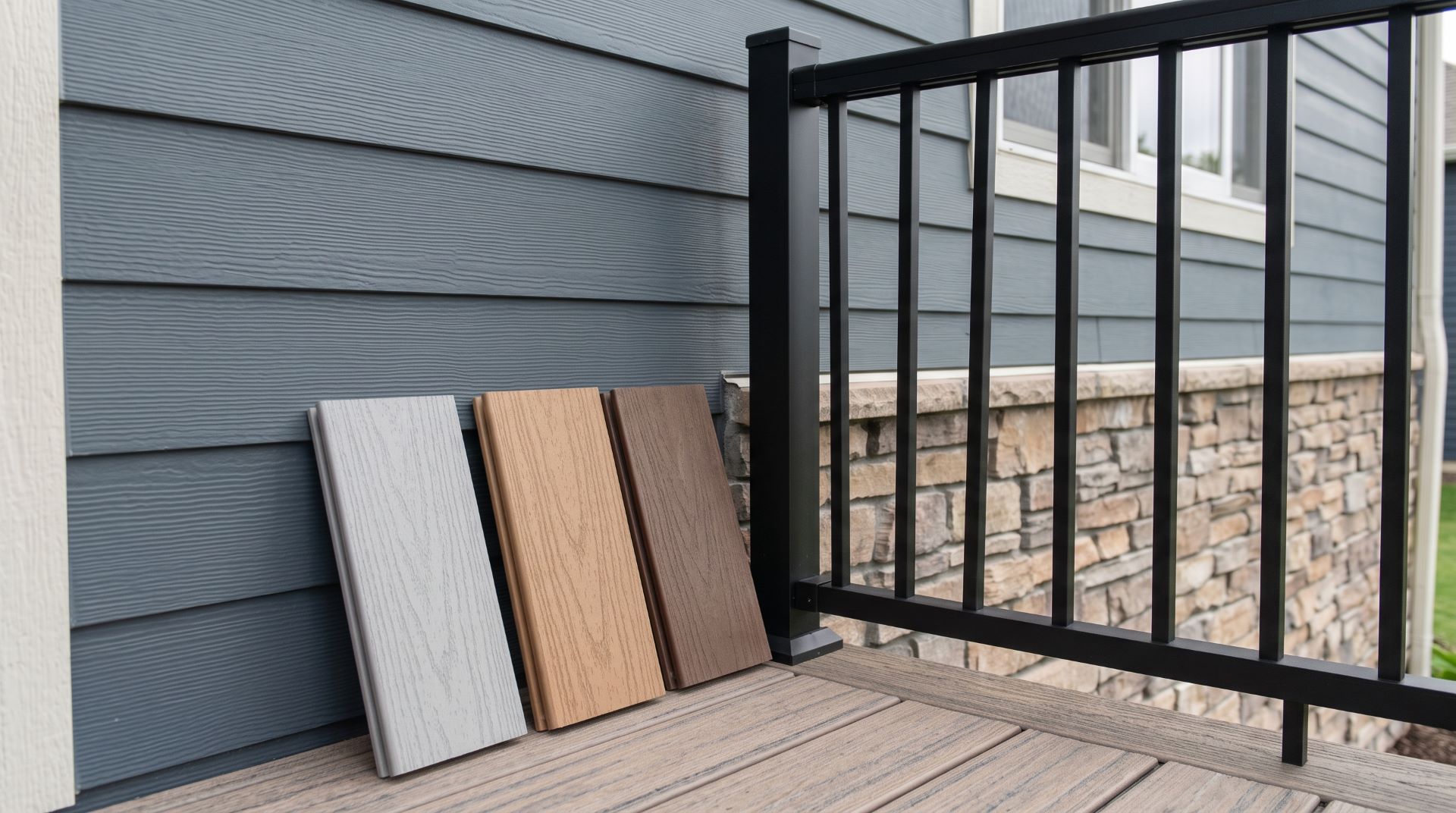 Different decking samples matched against house siding and black aluminum deck railing.