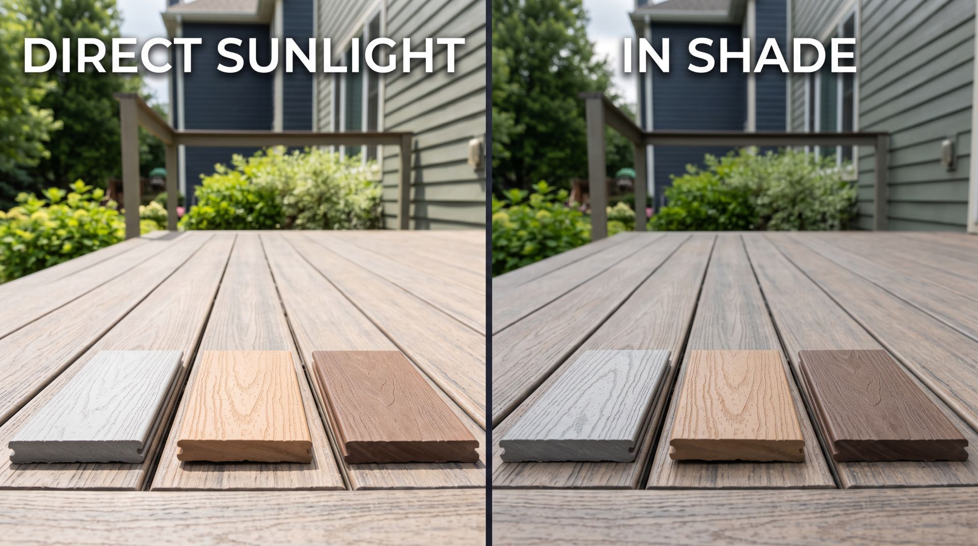 Decking samples compared in direct sunlight and shade to evaluate color changes.
