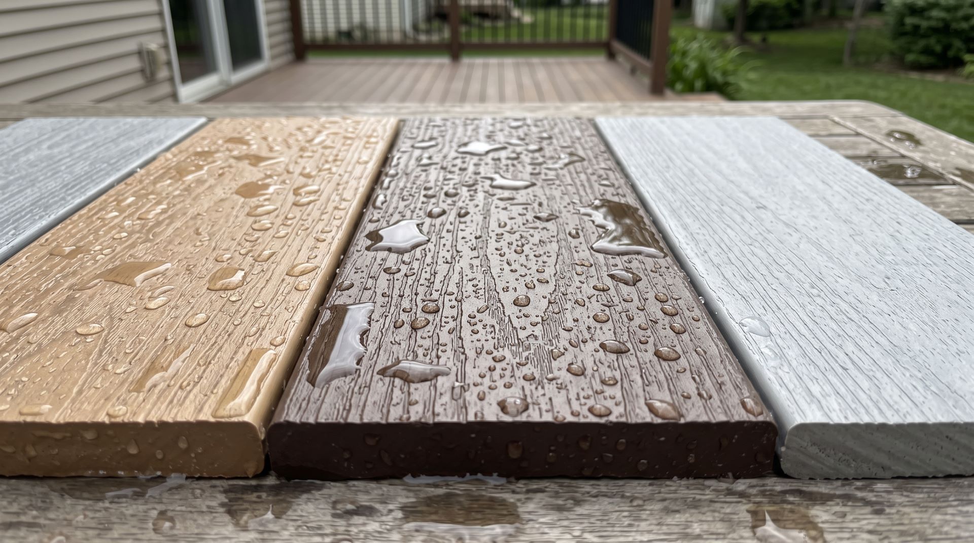 Water droplets on composite decking samples showing surface texture and wet appearance.