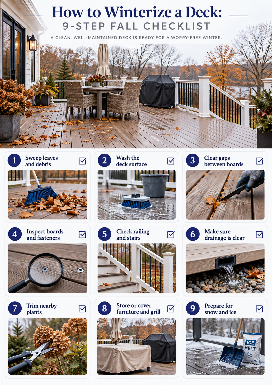 Fall deck winterizing checklist for Chicago homeowners before winter.