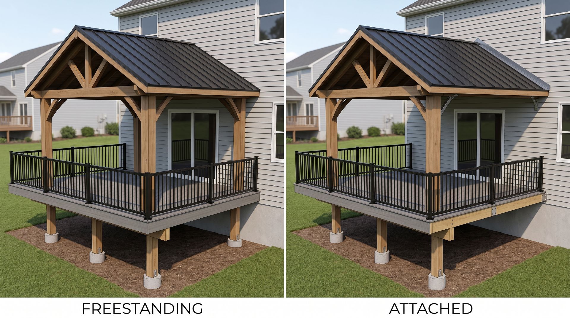Freestanding and house attached pavilions over decks compared.