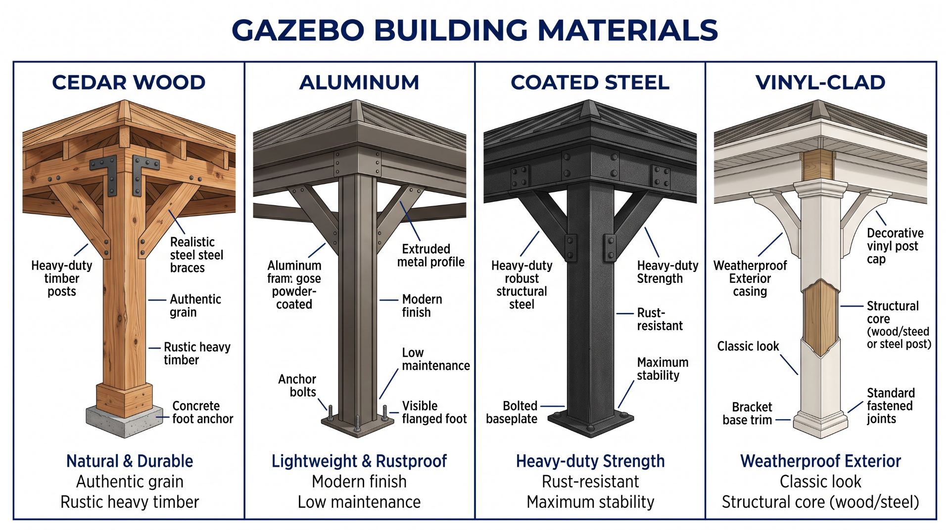 Gazebo building materials comparison showing cedar wood aluminum steel and vinyl gazebo structures.